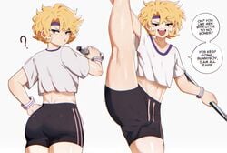 1boy ass blonde_hair bulge curly_hair english_text erection erection_under_clothes erection_under_clothing femboy girly male male_only ms_pigtails one_leg_up sergey_sokolov shorts simple_background solo sportswear standing_on_one_leg standing_split text trap