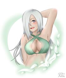 1girls arm_behind_head arm_up armpits bikini blush breasts cleavage cleavage_cutout cutout female female_only hair_over_one_eye lilbroarts long_hair looking_at_viewer naruto naruto_(series) naruto_shippuden one_arm_up ryuuzetsu silver_hair smile solo upper_body