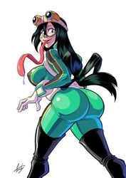 1girls amphibian artist_signature ass big_ass big_breasts brown_hair fontez goggles goggles_on_head green_clothing hero_outfit_(mha) high_resolution japanese leather_boots long_hair long_tongue my_hero_academia nipple_bulge saliva shiny_clothes sideboob superhero superheroine thick_thighs tongue_out tsuyu_asui walking white_background