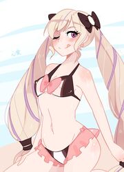 bangs bare_shoulders bikini blonde_hair blush breasts elise_(fire_emblem) elise_(summer)_(fire_emblem) female fire_emblem fire_emblem_fates hair_ribbon kokomi_(aniesuakkaman) long_hair looking_at_viewer nintendo nipple_bulge nipples purple_eyes purple_hair ribbon simple_background small_breasts smile solo solo_female swimsuit tongue