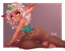 1girls ass big_eyes cute female female_focus female_only league_of_legends looking_at_viewer looking_back looking_surprised qiyana_yunalai simple_background solo solo_female starli thick_thighs tights white_hair yellow_eyes yordle yordlefied