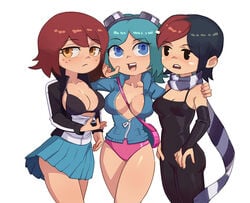 3girls asian bag barleyshake black_bra black_clothing blue_eyes blue_hair blue_skirt bodysuit bra breasts cleavage cute dyed_hair female freckles highlights human kim_pine knives_chau mob_face money_gesture panties pink_panties ramona_flowers red_hair redhead scarf scott_pilgrim short_skirt skirt trio zipper