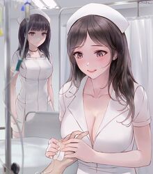 2girls black_hair blush chowbie dress embarrassed large_breasts looking_at_viewer medium_hair nurse nurse_cap nurse_uniform open_mouth pink_eyes smile uniform