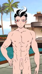 1boy blush danganronpa danganronpa_2:_goodbye_despair emotionless erection expressionless gundham_tanaka light-skinned_male light_skin looking_at_viewer male male_only muscular muscular_male public public_nudity smooth_skin solo solo_male standing two_tone_hair