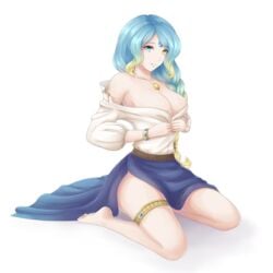 1girls big_breasts blue_hair bracelet braid breasts cleavage female female_only gem heterochromia kneeling large_breasts necklace rubycube sitting smile solo tate_no_yuusha_no_nariagari therese_alexanderite two_tone_hair undressing