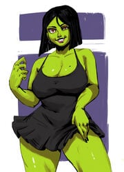 1girls banjo-kazooie black_hair black_nails cleavage dress earrings female female_only game_over_gruntilda green_body green_skin gruntilda looking_at_viewer medium_hair mole_on_breast rareware red_eyes redblacktac smug solo solo_female thick_thighs very_high_resolution witch