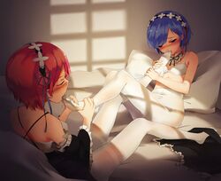 2girls blush chen_bin foot_fetish foot_lick foot_worship headband incest legwear maid maid_headdress maid_uniform multiple_girls pantyhose ram_(re:zero) re:zero_kara_hajimeru_isekai_seikatsu rem_(re:zero) saliva smelling_feet twins white_bra white_legwear white_pantyhose