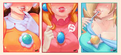 3girls alternate_breast_size aroused big_breasts big_lips biting blonde_hair blue_dress breasts brooch brown_hair close-up clothed clothing dress earrings female female_only finger_to_lips gloves heartbeat large_breasts lip_focus lips lipstick mario_(series) mouth multiple_girls nagainosfw nintendo open_mouth oral_insinuation orange_dress pink_dress playing_with_hair princess_daisy princess_peach princess_rosalina seductive seductive_mouth sexually_suggestive smile sucking_lollipop suggestive sweat teeth tongue