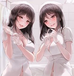 2girls black_hair blush chowbie dress embarrassed gloves imminent_prostate_stimulation large_breasts latex_gloves looking_at_viewer medium_hair multiple_girls navel nurse nurse_cap nurse_uniform open_mouth open_smile pink_eyes short_sleeves smile uniform