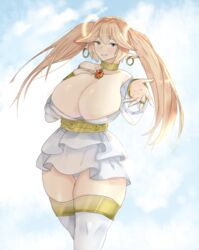 1girls angel belt beltskirt big_breasts bimbo blonde_hair blue_eyes blush breasts cleavage double_halo dress earrings female_only gavreel_(jutsu) goddess golden_earrings half-closed_eyes halo hand_on_breast jutsu_(artist) large_breasts legwear neckwear older_female original panties pov reaching_towards_viewer ring seductive seductive_smile skirt sky smile solo thick_thighs thighhighs thighs twintails