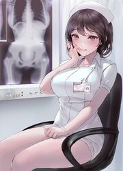 black_hair blush chowbie dress embarrassed female finger_biting large_breasts looking_at_viewer medium_hair nurse nurse_cap nurse_uniform pink_eyes sitting thick_thighs uniform x-ray