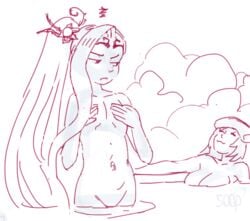 2girls breast_envy flat_chest hot_spring kid_icarus large_breasts monochrome naked palutena ponytail sketch sooperman viridi