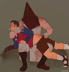 2boys ash_williams bruce_campbell clothed crossover evil_dead gay kinktober machojuice male male_only pyramid_head silent_hill silent_hill_2 spanking yaoi