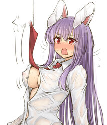 1girls animal_ears bangs blouse blush breasts bunny_ears buttons cleavage collared_blouse embarrassed embarrassed_nude_female fishing_hook fishing_line large_breasts long_hair long_sleeves necktie nipples open_mouth purple_hair raised_eyebrows red_eyes red_neckwear reisen_udongein_inaba see-through solo sweat tori_(minamopa) touhou very_long_hair wavy_mouth wet white_blouse