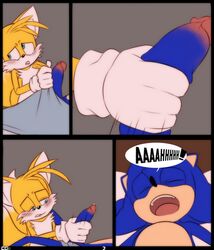 anthro big_penis blue_eyes blue_penis clothing crazedg footwear fox gay gloves handjob handwear male_only miles_prower mostly_nude sleeping sonic_(series) sonic_the_hedgehog sonic_the_hedgehog_(series) tails