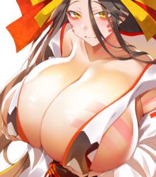 1girls betsuru_hiyu body_markings breasts brown_hair cleavage face_markings fate/grand_order fate_(series) female full_cleavage gigantic_breasts headdress hi_res himiko_(fate) huge_breasts long_hair solo white_background yellow_eyes