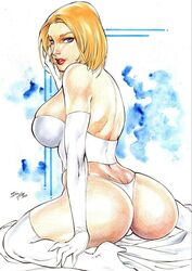 1girls ass blonde_eyebrows blonde_female blonde_hair blue_eyes bra bubble_ass bubble_butt cape dat_ass ed_benes_studio elbow_gloves emma_frost from_behind hellfire_club highres homo_superior iago_maia looking_at_viewer looking_back marvel marvel_comics mutant panties red_lipstick sideboob smile stockings telepath thigh_boots thighhighs thong underwear whip white_elbow_gloves white_queen white_thong x-men