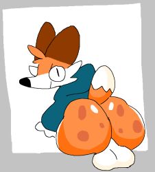 anthro ass balls big_butt canid canine clothing digital_media_(artwork) fox genitals looking_at_viewer looking_back male mammal simple_background sitting smile solo soups_(superiorfox) spaghettithefox white_background