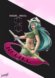 1girls ass back_tattoo bleach breasts character_name facepaint female female_only green_hair hazel_eyes headwear holding_object holding_weapon katana long_hair nelliel_tu_odelschwanck number number_tattoo seventy7 skull_hair_ornament sword tattoo torn_clothes underboob unsheathing weapon