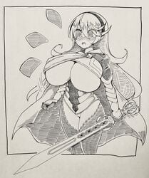 1girls @_@ bottomless breast_expansion breasts bursting_breasts cape corrin_(fire_emblem) corrin_(fire_emblem)_(female) female fire_emblem fire_emblem_fates gigantic_breasts handdrawn huge_breasts hypnosis inner_thighs large_breasts long_hair mind_control monochrome nintendo no_panties pencil_(artwork) rimota solo sword tagme underboob very_long_hair