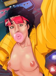 1girls amber_eyes arcade arcade_machine black_hair blowing blowing_bubblegum breasts clothing female female_focus female_only hand_on_hip jacket jubilation_lee jubilee justicehentai.com lips long_jacket looking_at_viewer marvel marvel_comics nipples pursed_lips red_sunglasses short_hair solo sunglasses sunglasses_on_head x-men yellow_jacket