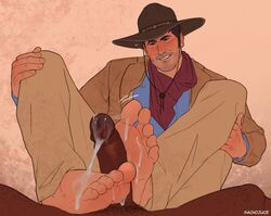 2boys ash_williams barefoot bruce_campbell clothed cowboy_hat cum cum_on_feet dark-skinned_male dark_skin dead_by_daylight evil_dead feet footjob gay interracial kinktober machojuice male male_only tagme yaoi