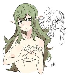 bangs bare_shoulders blush breasts female fire_emblem fire_emblem_awakening green_eyes green_hair hair_down heart heart-shaped_boob_challenge heart_hands kokomi_(aniesuakkaman) large_breasts long_hair looking_at_viewer manakete nipples older pointy_ears simple_background solo solo_female tiki_(adult)_(fire_emblem) tiki_(fire_emblem)