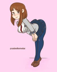 bending_over bent_over big_ass big_butt blush blushing brown_hair cute looking_at_viewer my_hero_academia ochako_uraraka pink_background sadandhornydog school school_girl school_uniform short_hair