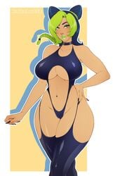 1girls big_breasts black_nail_polish breasts cleavage female female_only female_protagonist green_lips green_lipstick jojo's_bizarre_adventure jolyne_kujo kokobuttz large_breasts long_nails looking_at_viewer navel_piercing partial_armpit plump_lips side_armpit solo stone_ocean thick_lips thick_thighs toned wide_hips