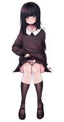 1boy bangs black_hair choker clothing_lift crossdressing erection femboy girly goth long_hair looking_at_viewer male male_only niucniuc panties penis pleated_skirt skirt socks solo trap white_background