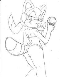 anthro ass big_breasts breasts clothing cream_on_body dessert digital_media_(artwork) female food fur hair holding_food holding_ice_cream holding_object huge_breasts ice_cream ice_cream_cone looking_at_viewer mammal marine_the_raccoon monochrome procyonid raccoon simple_background solid_color_background solo sonic_(series) sonic_the_hedgehog_(series) superbunnygt tongue tongue_out video_games white_background