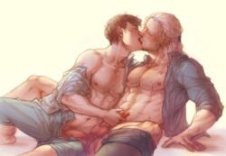 2boys abs age_difference bare_chest brown_hair cd_projekt_red censored chest_hair clothing erect_nipples erection exposed_nipples exposed_penis facial_hair feet_out_of_frame french_kiss gay geralt_of_rivia handjob holding_penis huge_cock imminent_sex jaskier_(the_witcher) kissing lehanan long_hair long_hair_male male male_only masturbating_other mosaic_censoring muscular_male open_shirt pants_around_one_leg pants_down partially_clothed pecs penis penis_size_difference pixelated pointless_censoring pubic_hair retracted_foreskin scars short_hair spread_legs testicles the_witcher_(netflix) the_witcher_(series) tied_hair white_hair yaoi