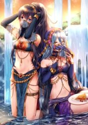 2girls arabian_clothes azura_(fire_emblem) azura_(performing_arts)_(fire_emblem) blue_eyes blue_hair breasts cake dancer dancer_outfit fire_emblem fire_emblem_awakening fire_emblem_fates gold_eyes harem_outfit jewelry lucina_(fire_emblem) mouth_veil mysterious_dancer wani_(fadgrith)