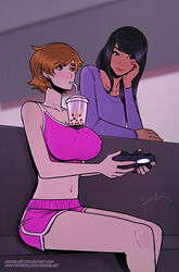 2girls blush breasts bubble_tea_challenge clothed clothed_female clothes clothing dark-skinned_female dark_skin eyelashes eyeshadow female female_only gamer kannelart nipple_bulge nipples_visible_through_clothing playstation_4_controller watching