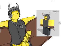 1boy artist_request balls big_balls big_penis black_shirt helmet huge_cock male male_only no_mouth one_eye_closed penis_out pulled_pants roblox roblox_avatar sitting sleeveless_shirt solo source_request tagme veiny_penis viking yellow_body