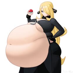 1girls bbw big_breasts black_clothes blonde_hair chubby cleavage cynthia_(pokemon) female hairclip hand_on_hip huge_belly long_hair looking_at_viewer pokeball pokemon pokemon_dppt signature smiling thickerwasp underboob white_background