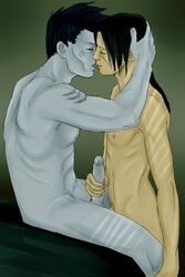 2boys black_hair blue_skin gay handjob hoshigaki_kisame human jessi_mini kissing long_hair male male/male male_on_male male_only multiple_boys naruto naruto_shippuden nude penis penis_grab pubic_hair tagme uchiha_itachi yaoi