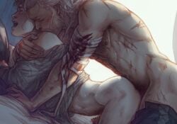 2boys age_difference anal_penetration anal_sex arched_back bandage bare_chest blood bottomless brown_hair cd_projekt_red censored chest_hair erect_nipple erection facial_hair gay geralt_of_rivia jaskier_(the_witcher) kissing_shoulder lehanan long_hair long_hair_male male male_only mosaic_censoring mouth_open muscular_male older_dom_younger_sub older_penetrating_younger pants_down pants_removed partially_clothed penis pleasure_face pointless_censoring pubic_hair scars short_hair the_witcher_(netflix) the_witcher_(series) topless_male white_hair yaoi