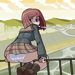 1girls ass brown_eyes brown_hair cigarette flcl mamimi_samejima panties pantyshot pantyshot_(sitting) plaid plaid_skirt school_uniform sitting_on_rail sitting_on_railing skirt smoking valmar white_panties