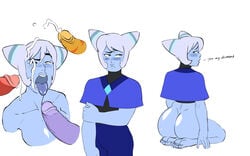 1girls amethyst_(steven_universe) ass blue_hair blue_skin blushing bottomless bukkake cartoon_network clothed cum dat_ass disembodied_penis english_text female garnet_(steven_universe) gem_(species) holly_blue_agate jasper_(steven_universe) nudity open_mouth sex sitting sketch steven_universe therammerscafe thick_ass white_background