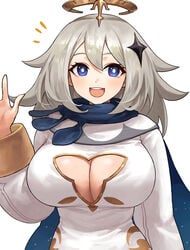 aged_up alternate_breast_size big_breasts cleavage cleavage_cutout genshin_impact nhaliz open_clothes paimon_(genshin_impact) scarf silver_hair smile