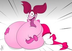 aaronsimpson8 breasts cartoon_network clothing female gem_(species) groping hyper hyper_breasts large_breasts laying_down laying_on_breasts licking_breast long_tongue pink_eyes pink_hair pink_skin spinel_(steven_universe) steven_universe tongue_out twintails