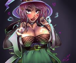 belt beltskirt big_breasts dark_skin fantasy fishnet fishnet_top fishnets huge_breasts large_breasts piercing piercings seductive_eyes seductive_smile simple_background spell spooky_costume tanned thiccster witch witch_hat