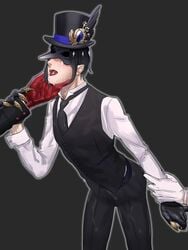 arm_grab blush clothed cum_in_mouth cum_on_face cum_on_pants dire_crowley divus_crewel face_grab gay hat male male_only mask pov twisted_wonderland yaoi