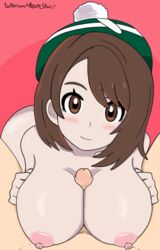 1boy 1girls alternate_breast_size azurestar big_breasts blush breasts female gloria_(pokemon) hat huge_breasts large_breasts looking_at_viewer male nintendo nipples nude paizuri penis pokemon pokemon_ss smile straight