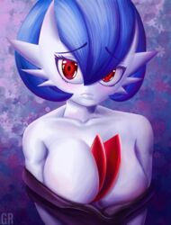 background big_breasts big_lips blue_hair color colored crest cute gardevoir glowing glowing_eyes greemer horn horns large_breasts lips mega_gardevoir monster monster_girl monster_girl_(genre) nintendo pokémon_(species) pokemon pokemon_(species) pokemon_rse pokemorph red_crest red_eyes shiny_gardevoir shiny_pokemon shy white_skin