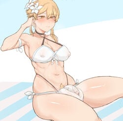 1futa armpits ball_squish balls big_balls big_breasts bikini blonde_hair blush breasts bulge clothed clothing flower_in_hair futa_only futanari genshin_impact hair_ornament human large_testicles light-skinned_futanari light_skin lumine_(genshin_impact) masso_nullbuilt mostly_nude nipple_bulge pale_skin penis_bulge sitting solo thick_thighs thighs