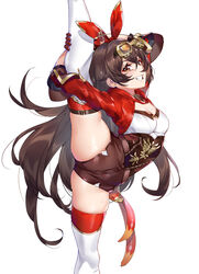 1girls amber_(genshin_impact) artist_request boots brown_hair female female_only flexible genshin_impact hi_res leg_lift leg_up legs_up meme shorts small_breasts smile splits standing sweat thick_thighs vertical_splits yellow_eyes