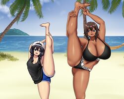 2girls anji_(mk001black) beach black_hair blue_eyes booty_shorts breasts brown_hair cap clothing dark-skinned_female dark_skin hat huge_breasts leg_hold leg_holding long_hair milf mk001black mother_and_daughter open_mouth original original_character original_characters panties reese_(mk001black) short_hair sports_bra teenager twintails white_skin younger_female