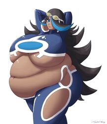 arms_behind_head bbw black_hair blue_eyes blue_hair chubby dark_skin fat goggles huge_belly huge_breasts lipstick long_hair looking_at_viewer morbidly_obese multicolored_hair obese pokémon pokemon pokemon_oras shelly_(pokemon) shelly_(pokemon_oras) silvina_(pokémon) swimsuit tagme thickerwasp underboob white_background